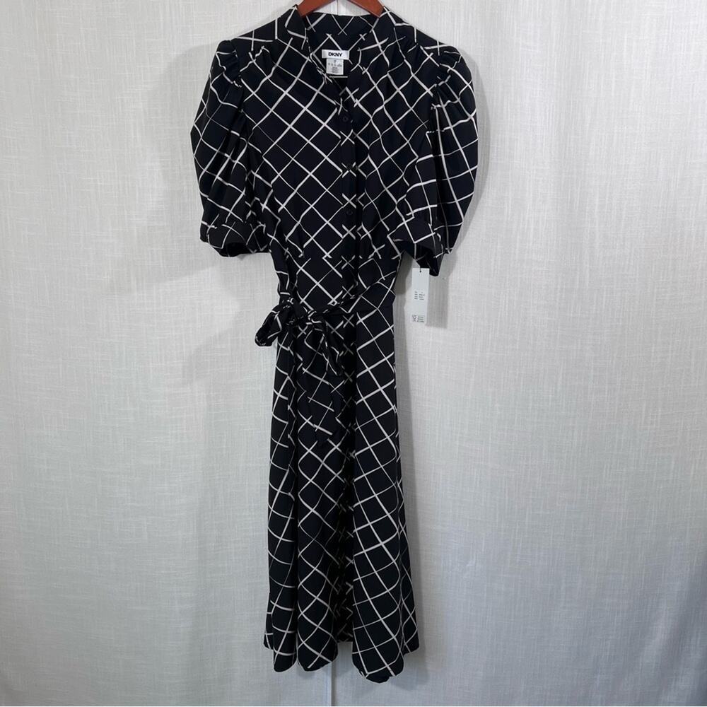 DKNY NWT Button Front Puff Sleeve Belted Midi Dress Size 8 - Picture 4 of 16